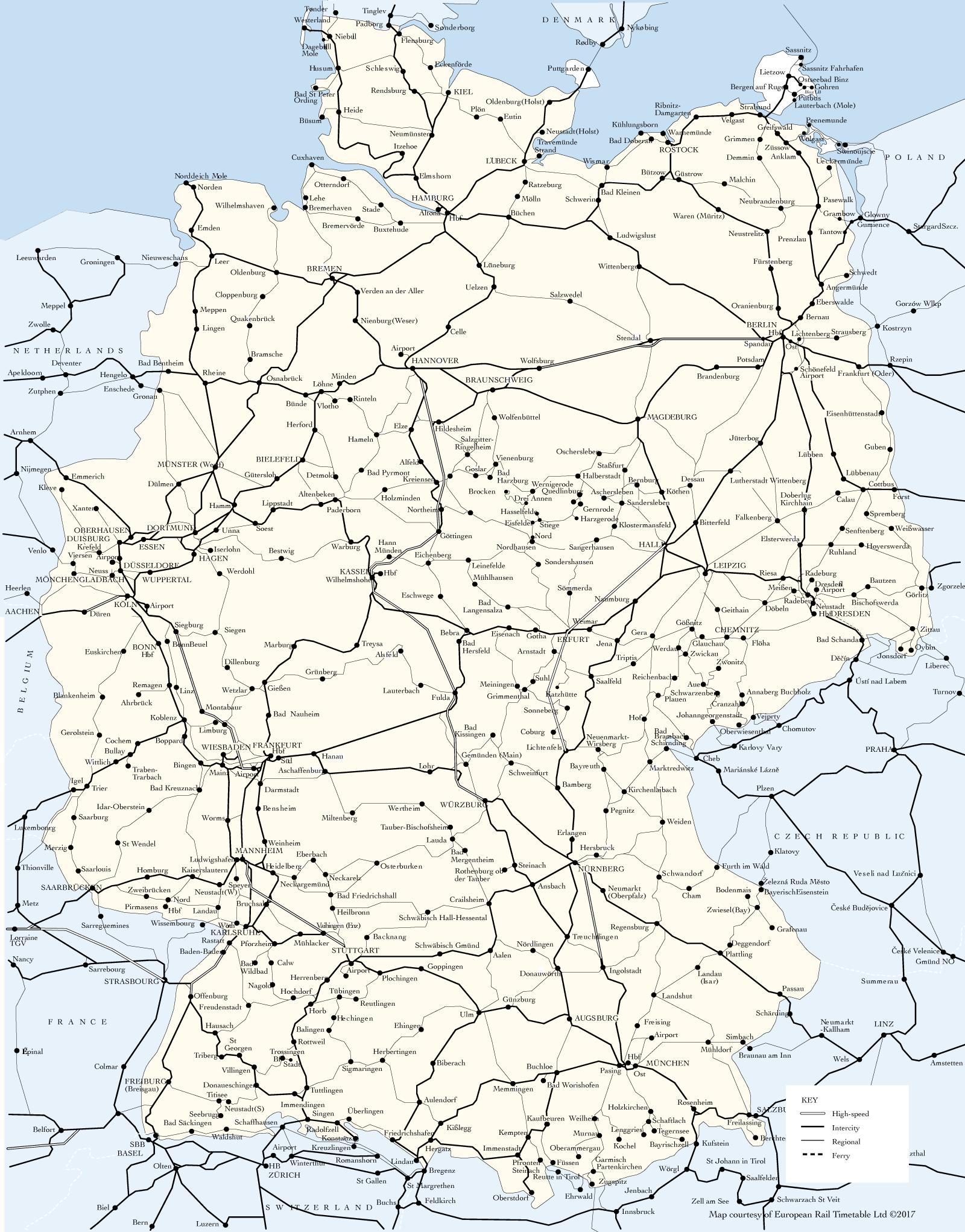 Tyskland tåg karta - Karta över Tyskland tåg linjer (Västra Europa