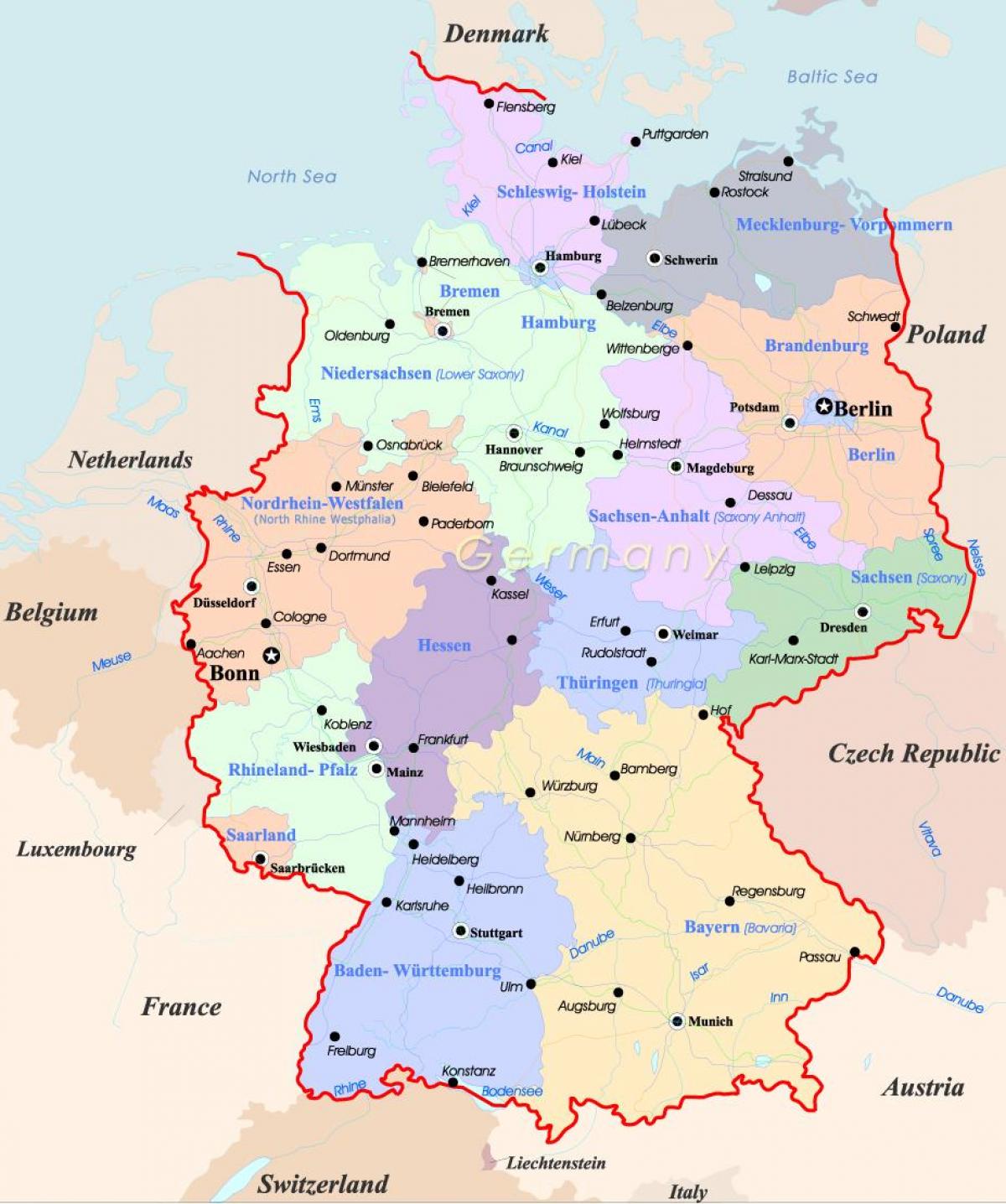 Kartor över Tyskland - Karta med Tyskland (Västra Europa - Europa)