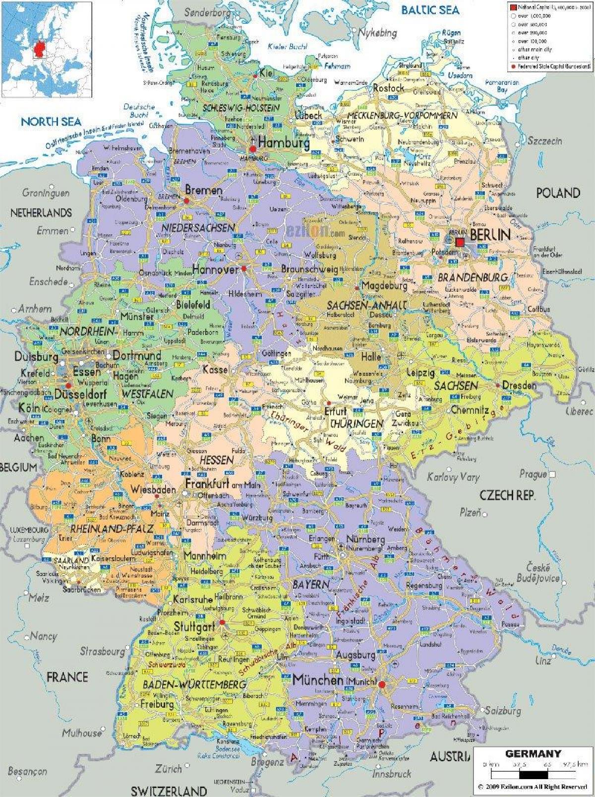 Tyskland road map - Road karta över Tyskland med städer (Västra Europa